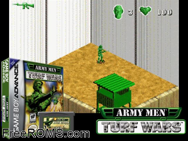 Army Men - Turf Wars Gameboy Advance game showing 3D box cover and gameplay screenshot